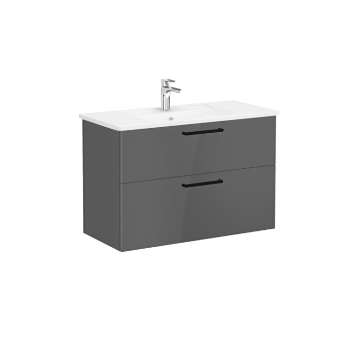VitrA Root Flat Lavabo Dolabı, 100 cm, İki Çekmeceli, Köşeli Lavabo, Parlak Antrasit - 68305 - Banyo Alt Modülleri - 2