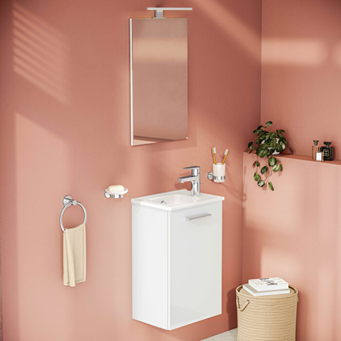 VitrA Mia Banyo Dolabı Seti, 40 cm, Bir Kapaklı, Lavabo Dolabı, Aydınlatmalı Düz Ayna, Parlak Beyaz, Sağ - Görsel 2