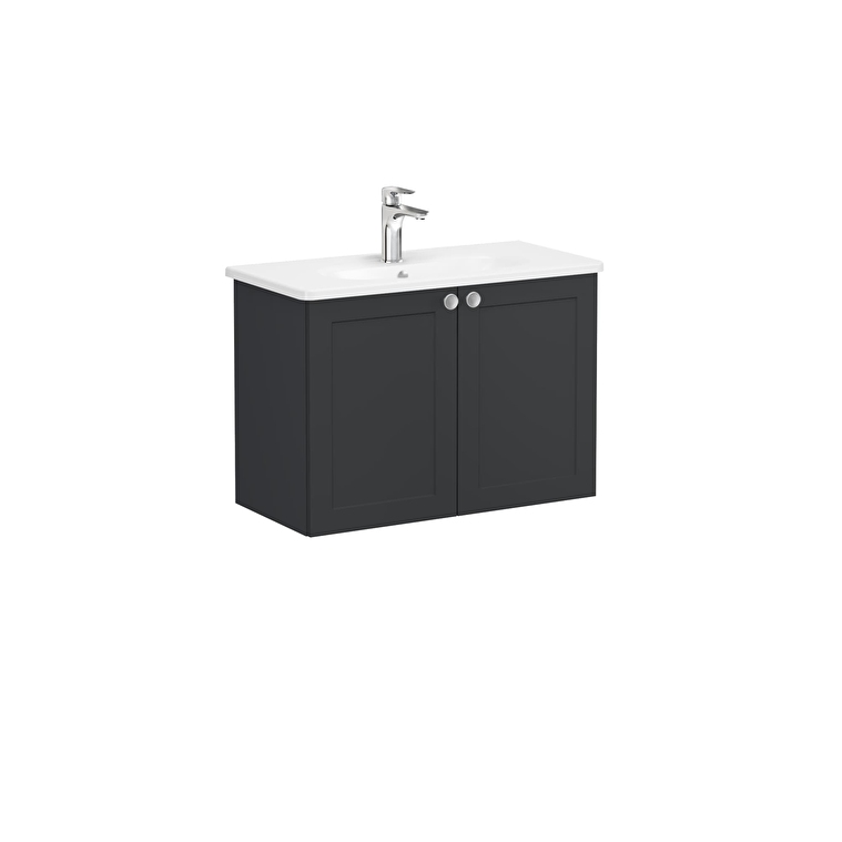 VitrA Root Classic Lavabo Dolabı, 80 cm, İki Kapaklı, Dar, Yuvarlak Lavabo, Mat Grafit - 68656 - Banyo Alt Modülleri