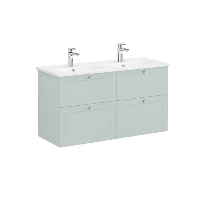 VitrA Root Classic Lavabo Dolabı, 120 cm, Dört Çekmeceli, Yuvarlak Lavabo, Mat Retro Yeşil - Görsel 6