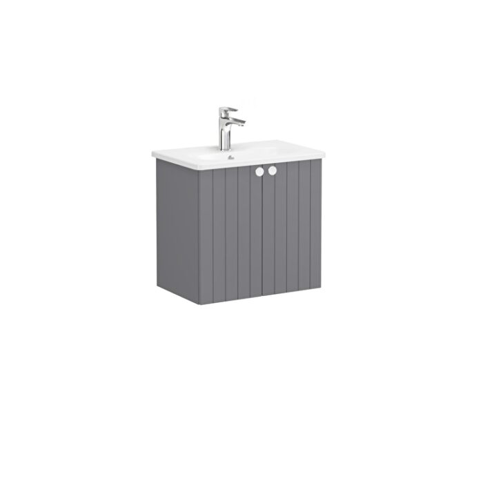 VitrA Root Groove Lavabo Dolabı, 60 cm, İki Kapaklı, Dar, Yuvarlak Lavabo, Mat Gri - Görsel 3