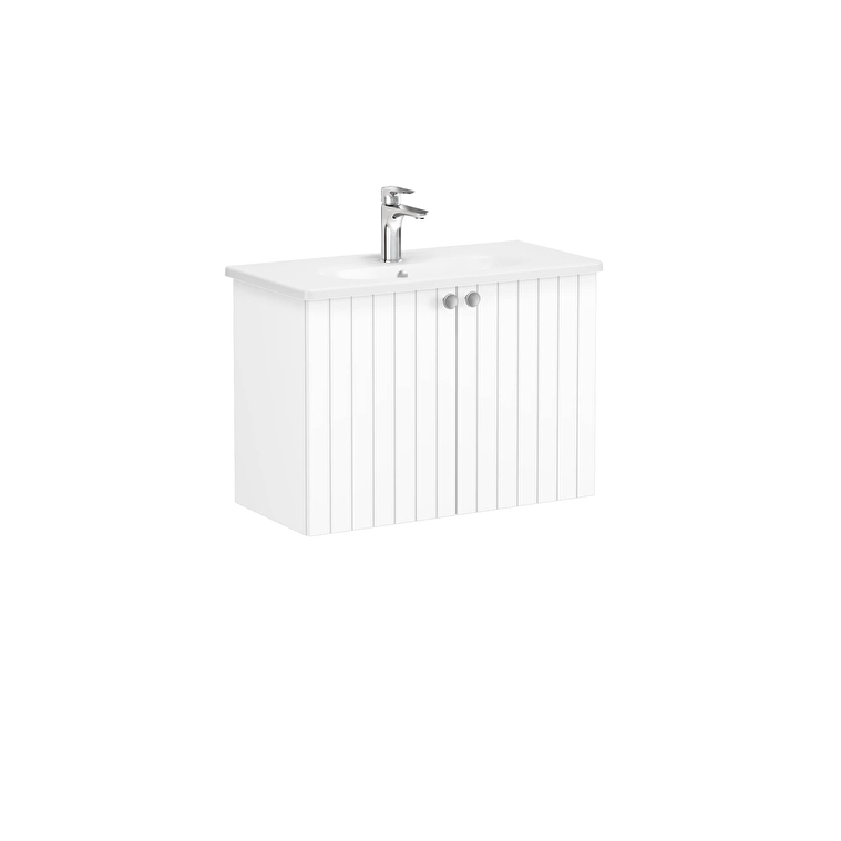 VitrA Root Groove Lavabo Dolabı, 80 cm, İki Kapaklı, Dar, Yuvarlak Lavabo, Mat Beyaz - 69226 - Banyo Alt Modülleri