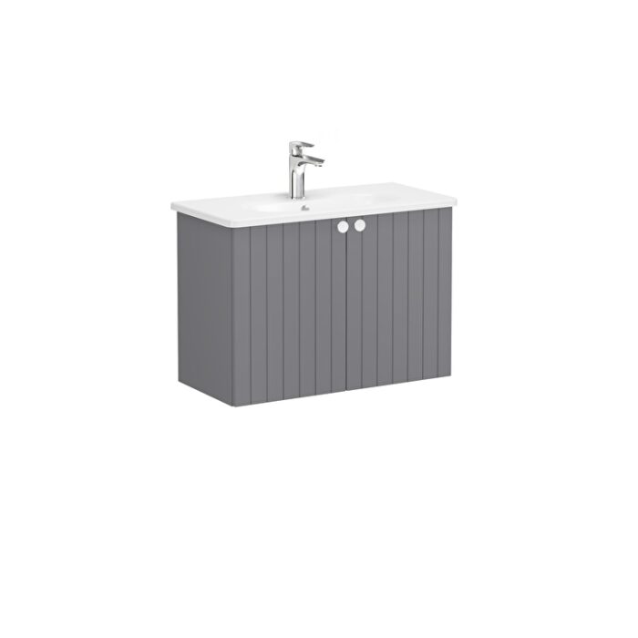 VitrA Root Groove Lavabo Dolabı, 80 cm, İki Kapaklı, Dar, Yuvarlak Lavabo, Mat Gri - Görsel 3