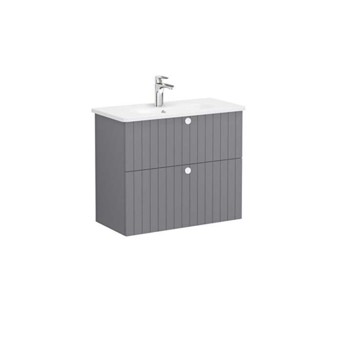 VitrA Root Groove Lavabo Dolabı, 80 cm, İki Çekmeceli, Dar, Yuvarlak Lavabo, Mat Gri - Görsel 2
