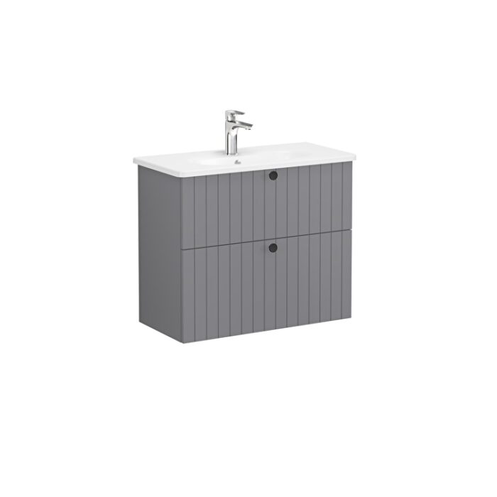 VitrA Root Groove Lavabo Dolabı, 80 cm, İki Çekmeceli, Dar, Yuvarlak Lavabo, Mat Gri - Görsel 3