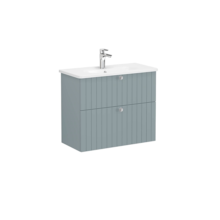 VitrA Root Groove Lavabo Dolabı, 80 cm, İki Çekmeceli, Dar, Yuvarlak Lavabo, Mat Fiyord Yeşili