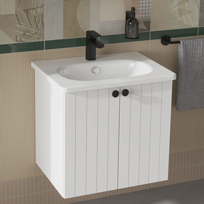 VitrA Root Groove Lavabo Dolabı, 60 cm, İki Kapaklı, Yuvarlak Lavabo, Mat Beyaz - Görsel 7