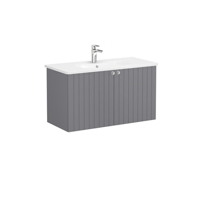 VitrA Root Groove Lavabo Dolabı, 100 cm, İki Kapaklı, Yuvarlak Lavabo, Mat Gri - Görsel 3