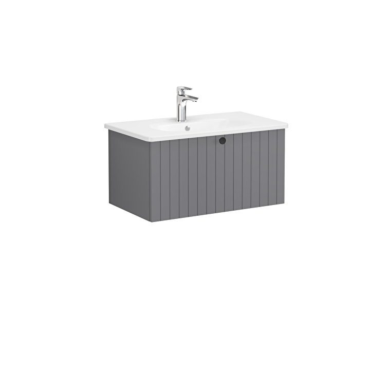 VitrA Root Groove Lavabo Dolabı, 80 cm, Bir Çekmeceli, Yuvarlak Lavabo, Mat Gri - 69375 - Banyo Alt Modülleri