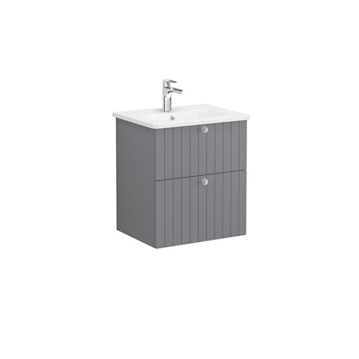 VitrA Root Groove Lavabo Dolabı, 60 cm, İki Çekmeceli, Yuvarlak Lavabo, Mat Gri - Görsel 2