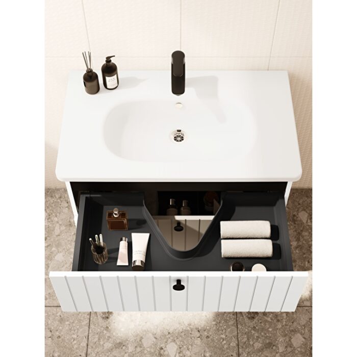 VitrA Root Groove Lavabo Dolabı, 80 cm, İki Çekmeceli, Yuvarlak Lavabo, Mat Beyaz - Görsel 4