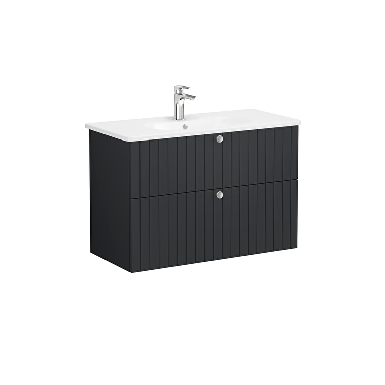 VitrA Root Groove Lavabo Dolabı, 100 cm, İki Çekmeceli, Yuvarlak Lavabo, Mat Grafit - 69461 - Banyo Alt Modülleri
