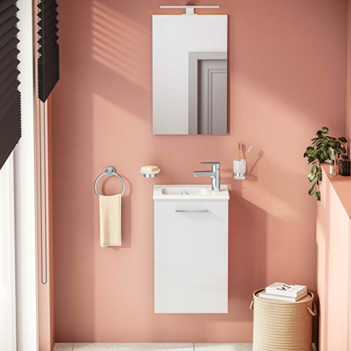VitrA Mia Banyo Dolabı Seti, 40 cm, Bir Kapaklı, Lavabo Dolabı, Aydınlatmalı Düz Ayna, Parlak Beyaz, Sağ - Görsel 3