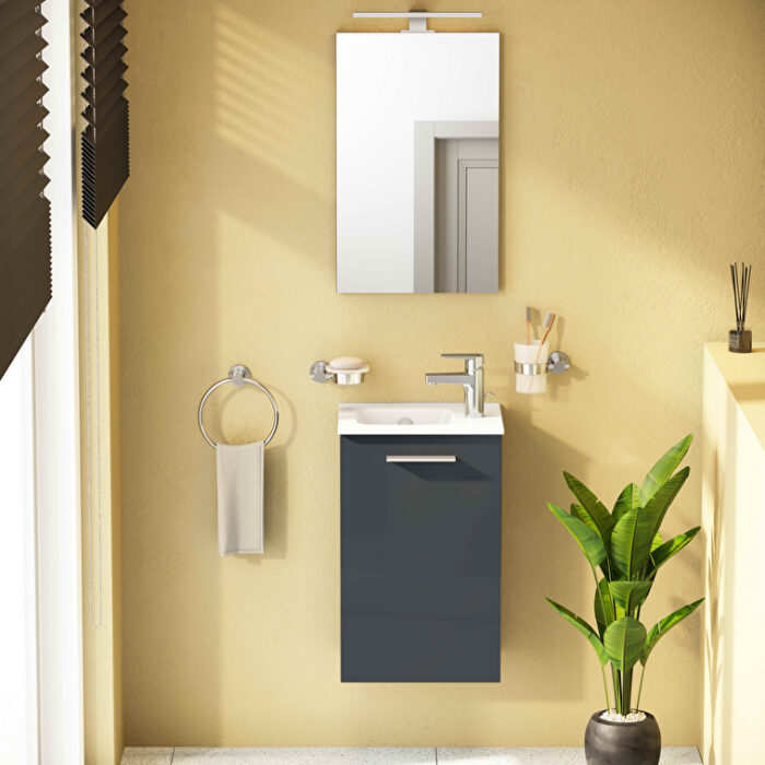 VitrA Mia Banyo Dolabı Seti, 40 cm, Bir Kapaklı, Lavabo Dolabı, Aydınlatmalı Düz Ayna, Parlak Antrasit - Görsel 4