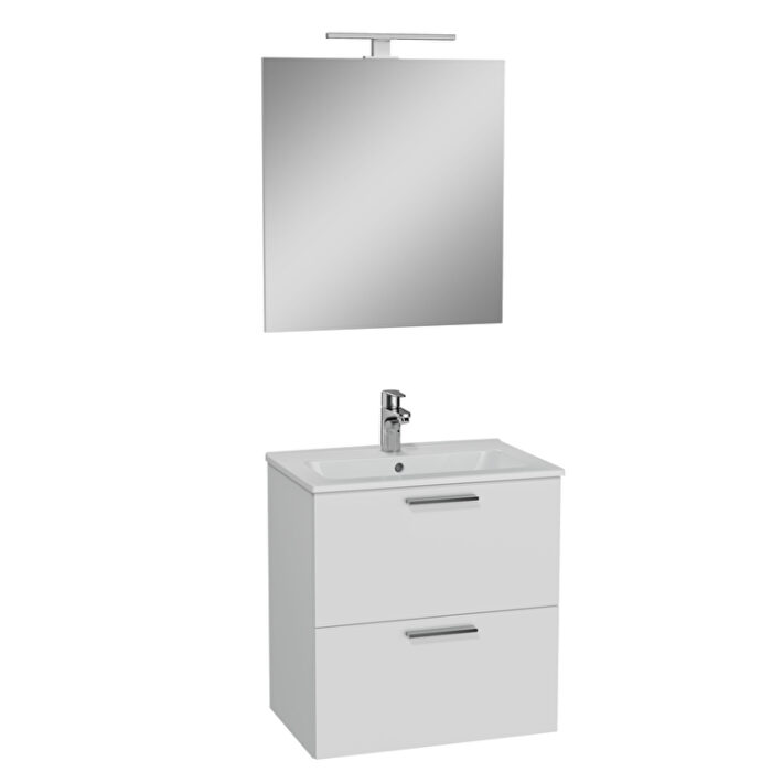 VitrA Mia Banyo Dolabı Seti, 60 cm, İki Çekmeceli, Lavabo Dolabı, Aydınlatmalı Düz Ayna, Parlak Beyaz - Görsel 3