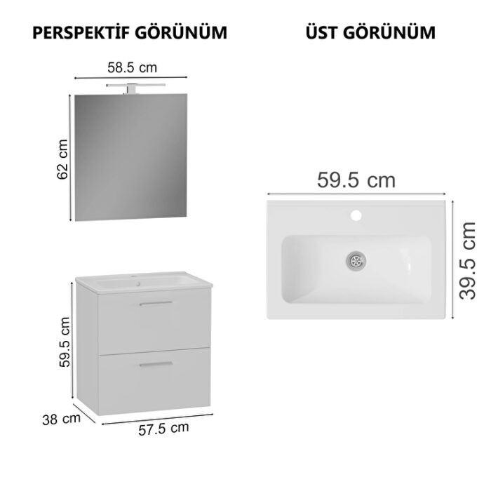 VitrA Mia Banyo Dolabı Seti, 60 cm, İki Çekmeceli, Lavabo Dolabı, Aydınlatmalı Düz Ayna, Parlak Beyaz - Görsel 15