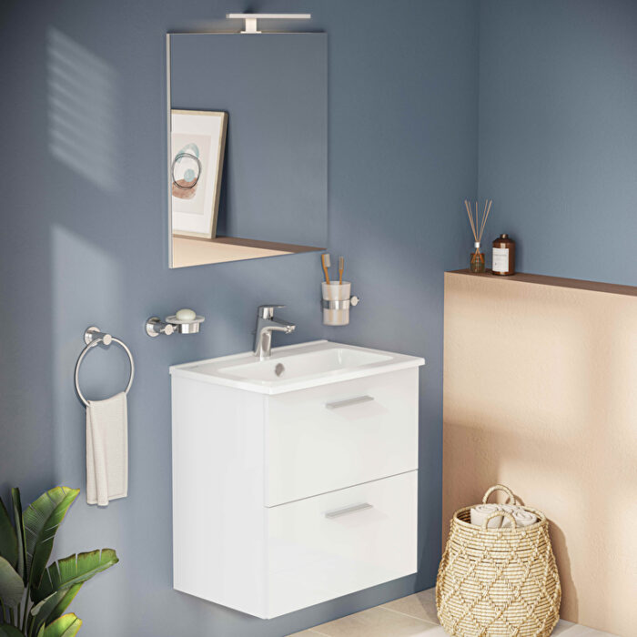 VitrA Mia Banyo Dolabı Seti, 60 cm, İki Çekmeceli, Lavabo Dolabı, Aydınlatmalı Düz Ayna, Parlak Beyaz - Görsel 18