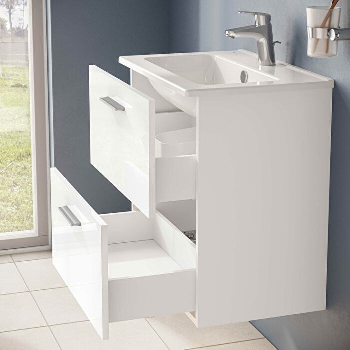 VitrA Mia Banyo Dolabı Seti, 60 cm, İki Çekmeceli, Lavabo Dolabı, Aydınlatmalı Düz Ayna, Parlak Beyaz - Görsel 20
