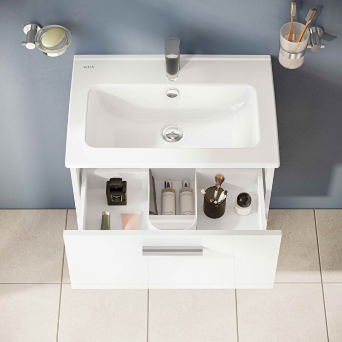 VitrA Mia Banyo Dolabı Seti, 60 cm, İki Çekmeceli, Lavabo Dolabı, Aydınlatmalı Düz Ayna, Parlak Beyaz - Görsel 16