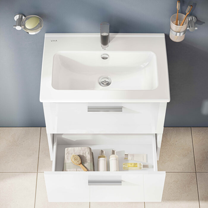 VitrA Mia Banyo Dolabı Seti, 60 cm, İki Çekmeceli, Lavabo Dolabı, Aydınlatmalı Düz Ayna, Parlak Beyaz - Görsel 11