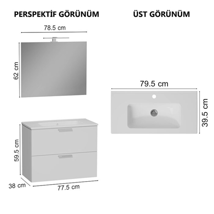 VitrA Mia Banyo Dolabı Seti, 80 cm, İki Çekmeceli, Lavabo Dolabı, Aydınlatmalı Düz Ayna, Parlak Beyaz - 75024 - Banyo Üst Modülleri - 17