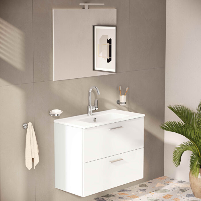 VitrA Mia Banyo Dolabı Seti, 80 cm, İki Çekmeceli, Lavabo Dolabı, Aydınlatmalı Düz Ayna, Parlak Beyaz - 75024 - Banyo Üst Modülleri - 5