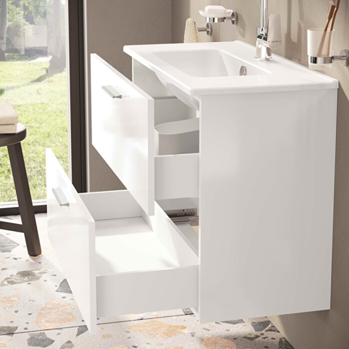 VitrA Mia Banyo Dolabı Seti, 80 cm, İki Çekmeceli, Lavabo Dolabı, Aydınlatmalı Düz Ayna, Parlak Beyaz - 75024 - Banyo Üst Modülleri - 4