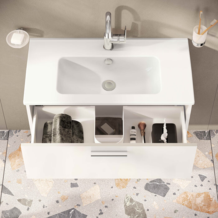 VitrA Mia Banyo Dolabı Seti, 80 cm, İki Çekmeceli, Lavabo Dolabı, Aydınlatmalı Düz Ayna, Parlak Beyaz - 75024 - Banyo Üst Modülleri - 9