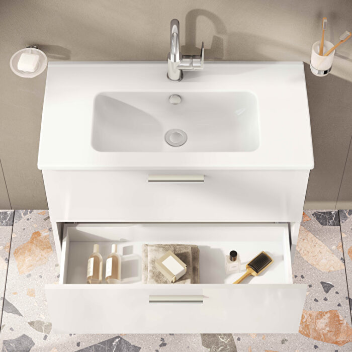 VitrA Mia Banyo Dolabı Seti, 80 cm, İki Çekmeceli, Lavabo Dolabı, Aydınlatmalı Düz Ayna, Parlak Beyaz - 75024 - Banyo Üst Modülleri - 13