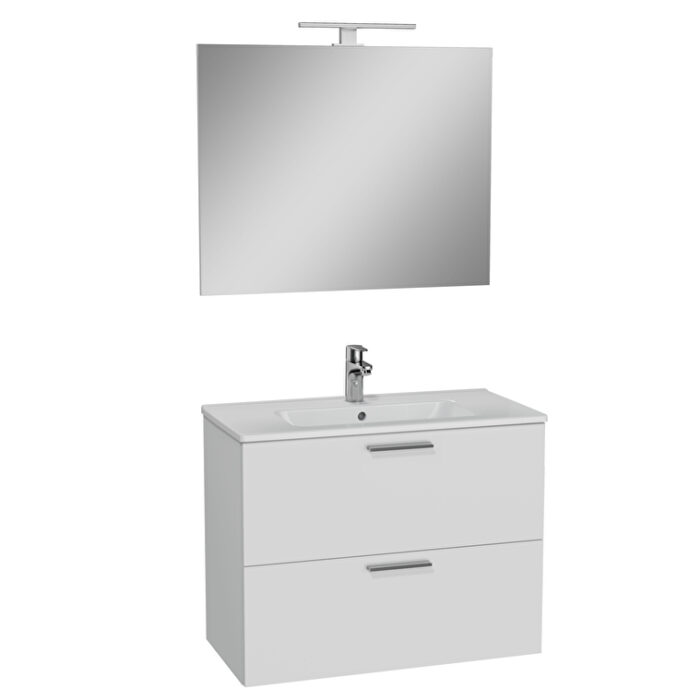 VitrA Mia Banyo Dolabı Seti, 80 cm, İki Çekmeceli, Lavabo Dolabı, Aydınlatmalı Düz Ayna, Parlak Beyaz - 75024 - Banyo Üst Modülleri - 1