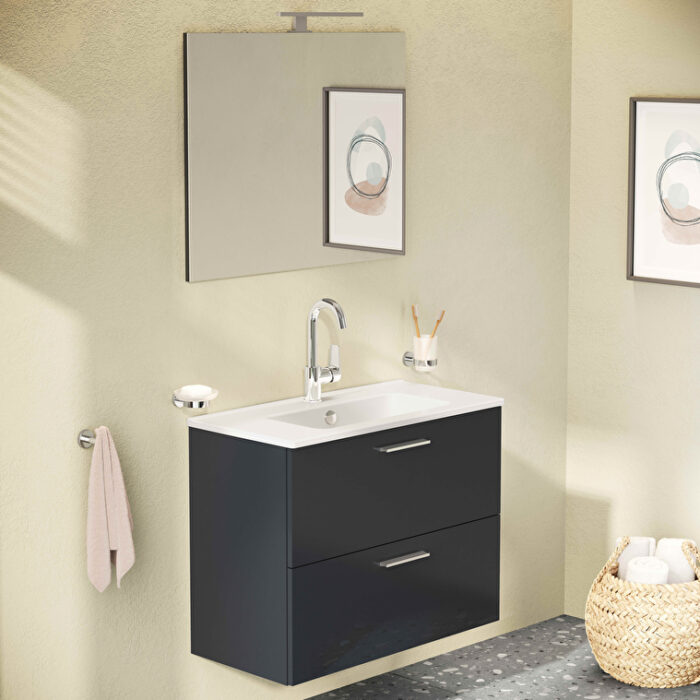 VitrA Mia Banyo Dolabı Seti, 80 cm, İki Çekmeceli, Lavabo Dolabı, Aydınlatmalı Düz Ayna, Parlak Antrasit - Görsel 6