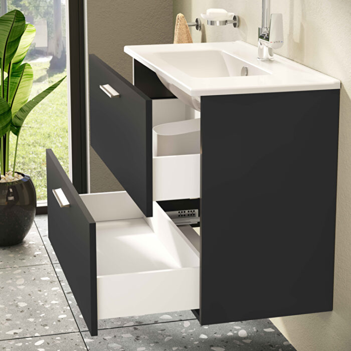 VitrA Mia Banyo Dolabı Seti, 80 cm, İki Çekmeceli, Lavabo Dolabı, Aydınlatmalı Düz Ayna, Parlak Antrasit - Görsel 8