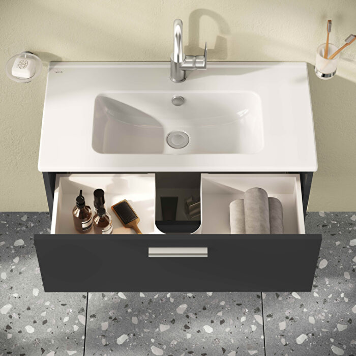 VitrA Mia Banyo Dolabı Seti, 80 cm, İki Çekmeceli, Lavabo Dolabı, Aydınlatmalı Düz Ayna, Parlak Antrasit - Görsel 12