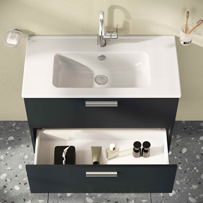 VitrA Mia Banyo Dolabı Seti, 80 cm, İki Çekmeceli, Lavabo Dolabı, Aydınlatmalı Düz Ayna, Parlak Antrasit - Görsel 4