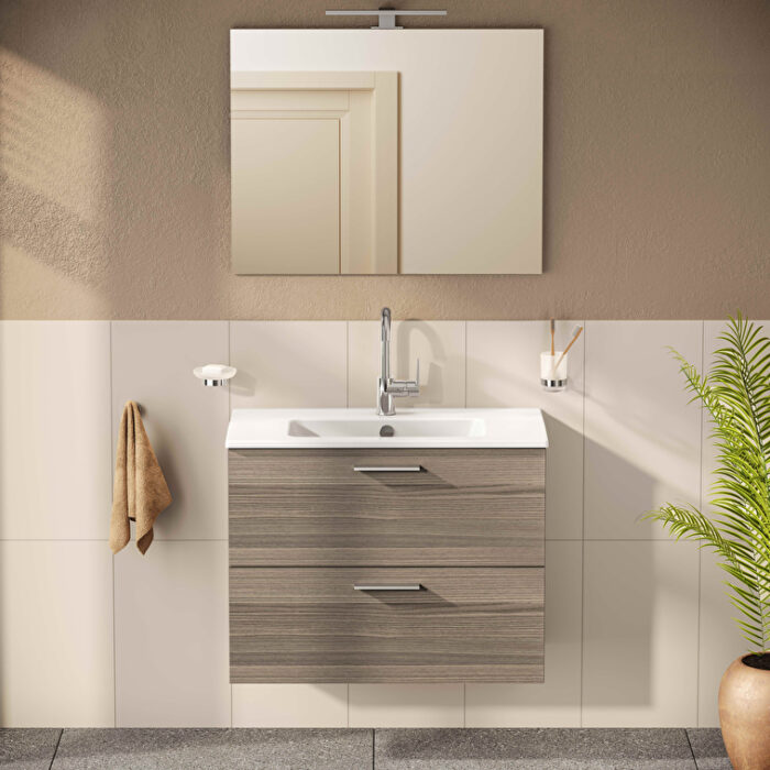 VitrA Mia Banyo Dolabı Seti, 80 cm, İki Çekmeceli, Lavabo Dolabı, Aydınlatmalı Düz Ayna, Cordoba - Görsel 6