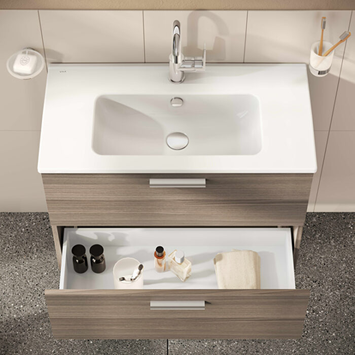 VitrA Mia Banyo Dolabı Seti, 80 cm, İki Çekmeceli, Lavabo Dolabı, Aydınlatmalı Düz Ayna, Cordoba - Görsel 8