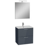 VitrA Mia Banyo Dolabı Seti, 60 cm, İki Çekmeceli, Lavabo Dolabı, Aydınlatmalı Düz Ayna, Parlak Antrasit - Görsel 2