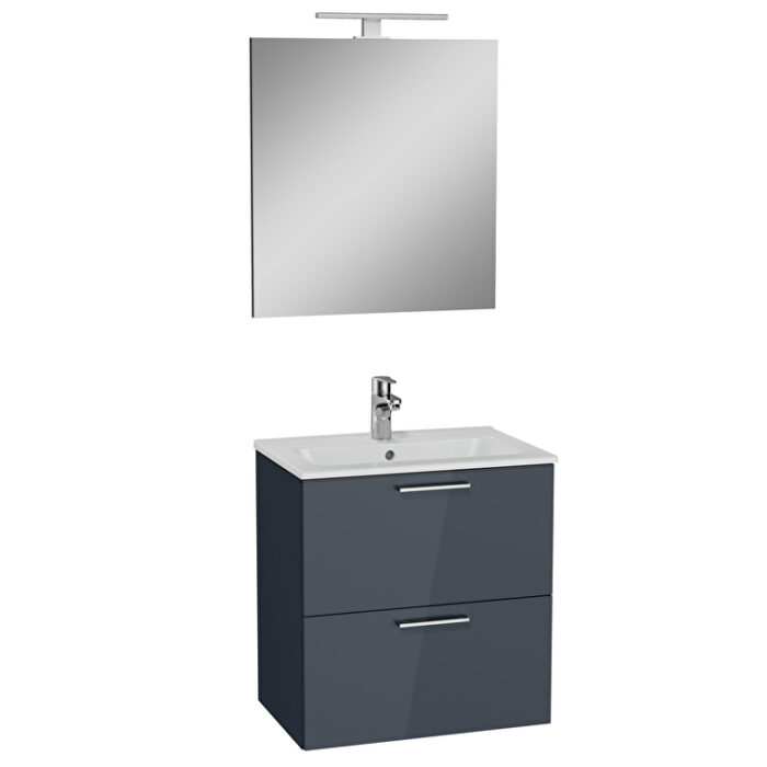 VitrA Mia Banyo Dolabı Seti, 60 cm, İki Çekmeceli, Lavabo Dolabı, Aydınlatmalı Düz Ayna, Parlak Antrasit - Görsel 2