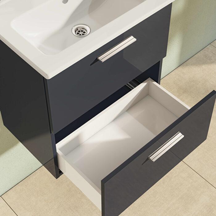 VitrA Mia Banyo Dolabı Seti, 60 cm, İki Çekmeceli, Lavabo Dolabı, Aydınlatmalı Düz Ayna, Parlak Antrasit - Görsel 4