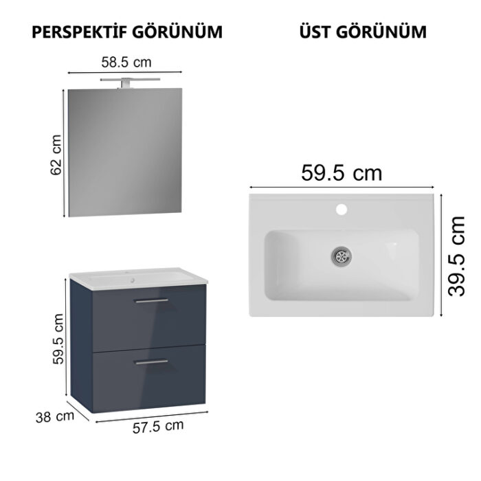 VitrA Mia Banyo Dolabı Seti, 60 cm, İki Çekmeceli, Lavabo Dolabı, Aydınlatmalı Düz Ayna, Parlak Antrasit - Görsel 14