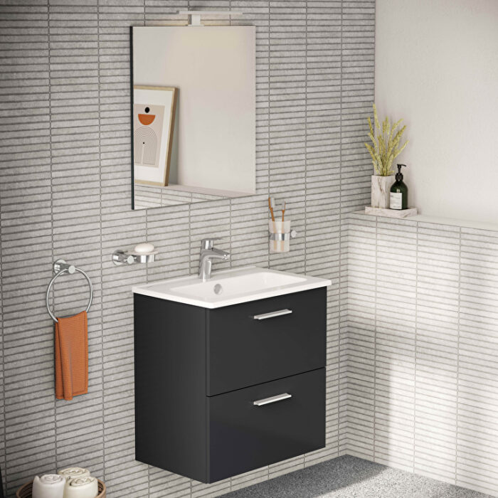 VitrA Mia Banyo Dolabı Seti, 60 cm, İki Çekmeceli, Lavabo Dolabı, Aydınlatmalı Düz Ayna, Parlak Antrasit - Görsel 15