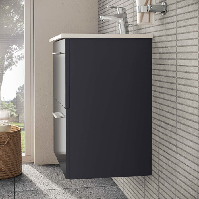 VitrA Mia Banyo Dolabı Seti, 60 cm, İki Çekmeceli, Lavabo Dolabı, Aydınlatmalı Düz Ayna, Parlak Antrasit - Görsel 13