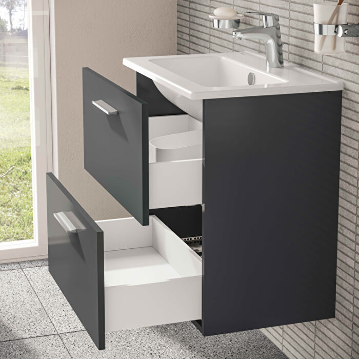 VitrA Mia Banyo Dolabı Seti, 60 cm, İki Çekmeceli, Lavabo Dolabı, Aydınlatmalı Düz Ayna, Parlak Antrasit - Görsel 12