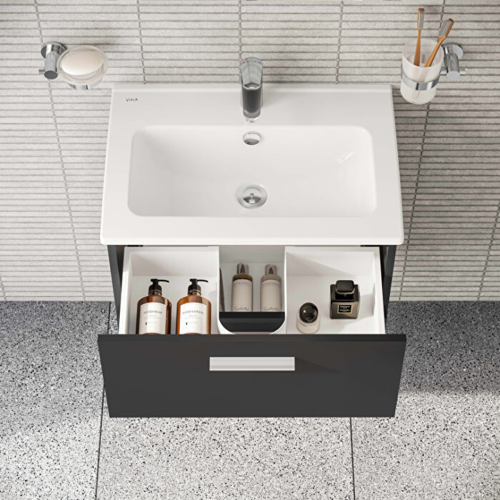 VitrA Mia Banyo Dolabı Seti, 60 cm, İki Çekmeceli, Lavabo Dolabı, Aydınlatmalı Düz Ayna, Parlak Antrasit - Görsel 9