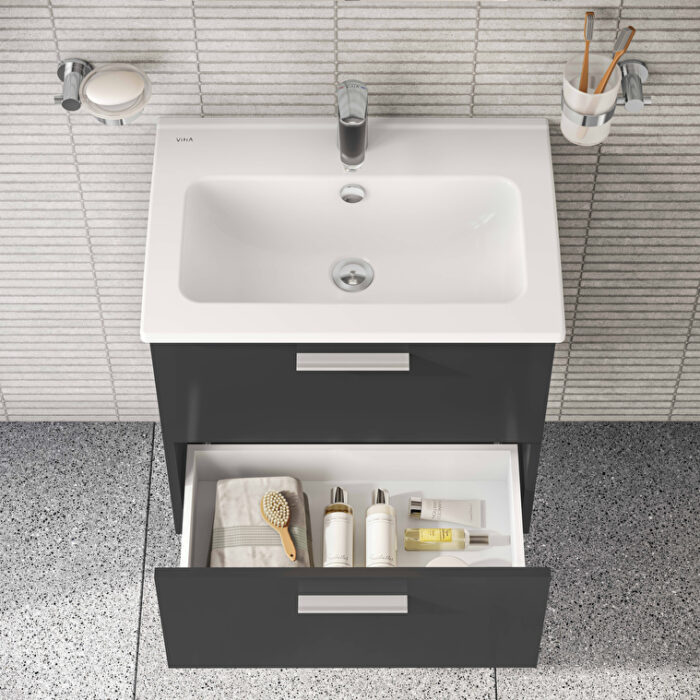 VitrA Mia Banyo Dolabı Seti, 60 cm, İki Çekmeceli, Lavabo Dolabı, Aydınlatmalı Düz Ayna, Parlak Antrasit - Görsel 5