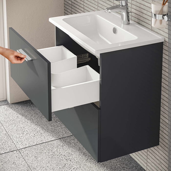 VitrA Mia Banyo Dolabı Seti, 60 cm, İki Çekmeceli, Lavabo Dolabı, Aydınlatmalı Düz Ayna, Parlak Antrasit - Görsel 6