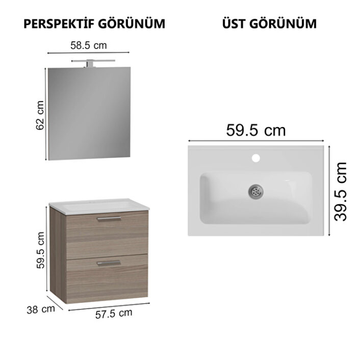 VitrA Mia Banyo Dolabı Seti, 60 cm, İki Çekmeceli, Lavabo Dolabı, Aydınlatmalı Düz Ayna, Cordoba - Görsel 7