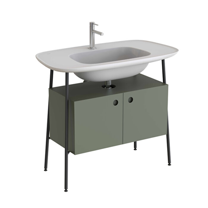 VitrA Plural Lavabo Dolabı, 100 cm, İki Kapaklı, Tek Armatür Delikli, Mat Beyaz Seramik Lavabolu, Mat Retro Yeşili - Görsel 2
