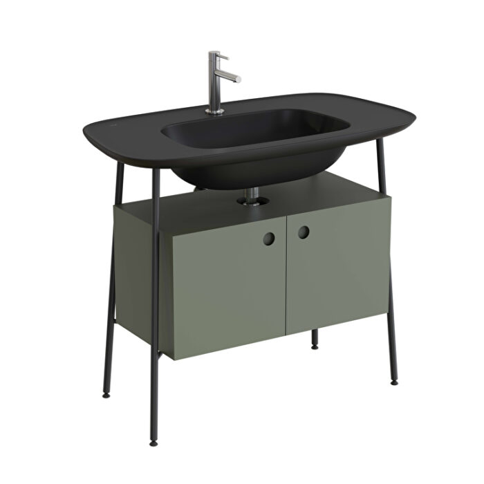 VitrA Plural Lavabo Dolabı, 100 cm, İki Kapaklı, Tek Armatür Delikli, Mat Siyah Seramik Lavabolu, Mat Retro Yeşili - Görsel 2
