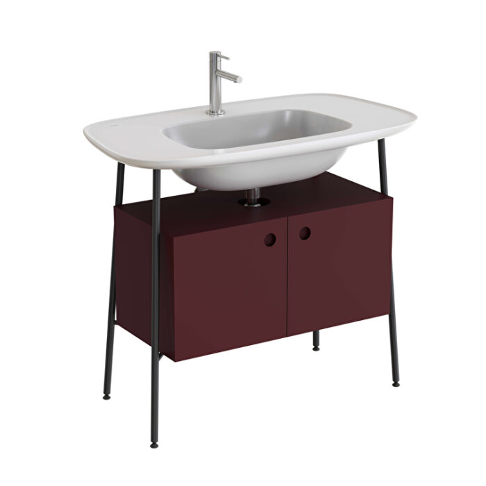 VitrA Plural Lavabo Dolabı, 100 cm, İki Kapaklı, Tek Armatür Delikli, Parlak Beyaz Seramik Lavabolu, Mat Bordo - Görsel 2